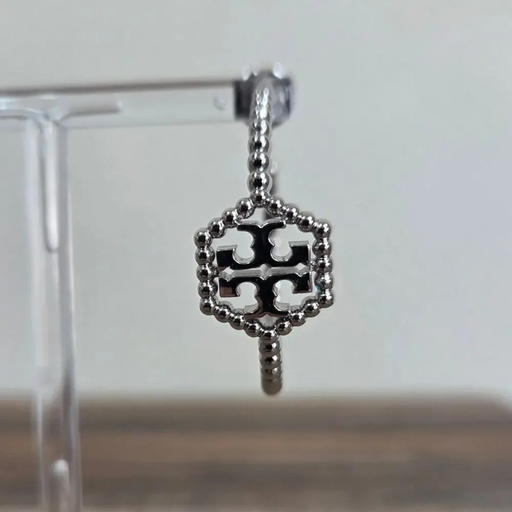 Tory Burch Silver Milgrain Hexagon Double T Logo Hoop Earrings